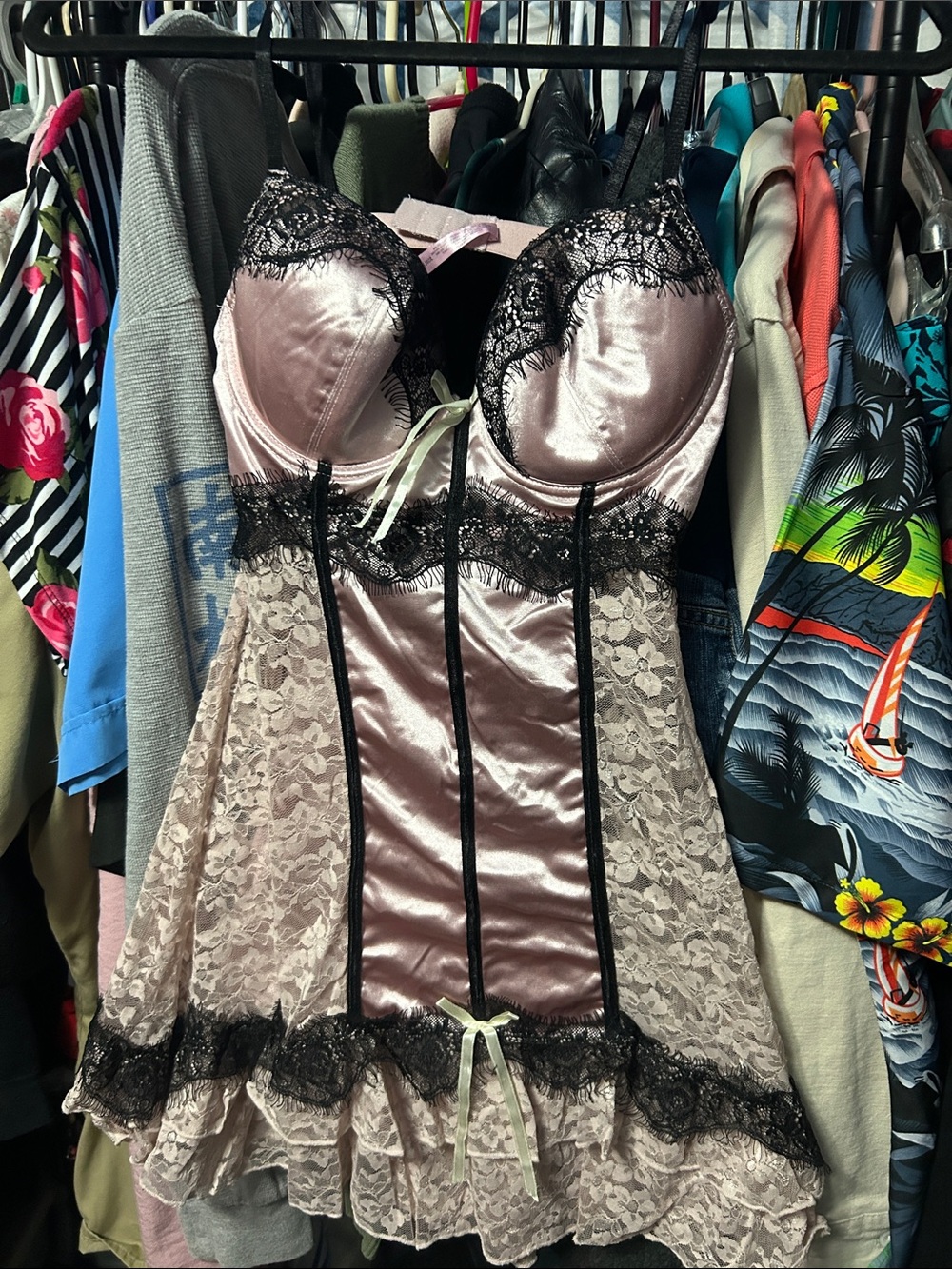 Native Satin and Lace Chemise in Blush Pink with Black Trim
